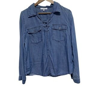 Current Air Anthro Blouse Womens M Blue Lyocell Lace Up Western Long Sleeve